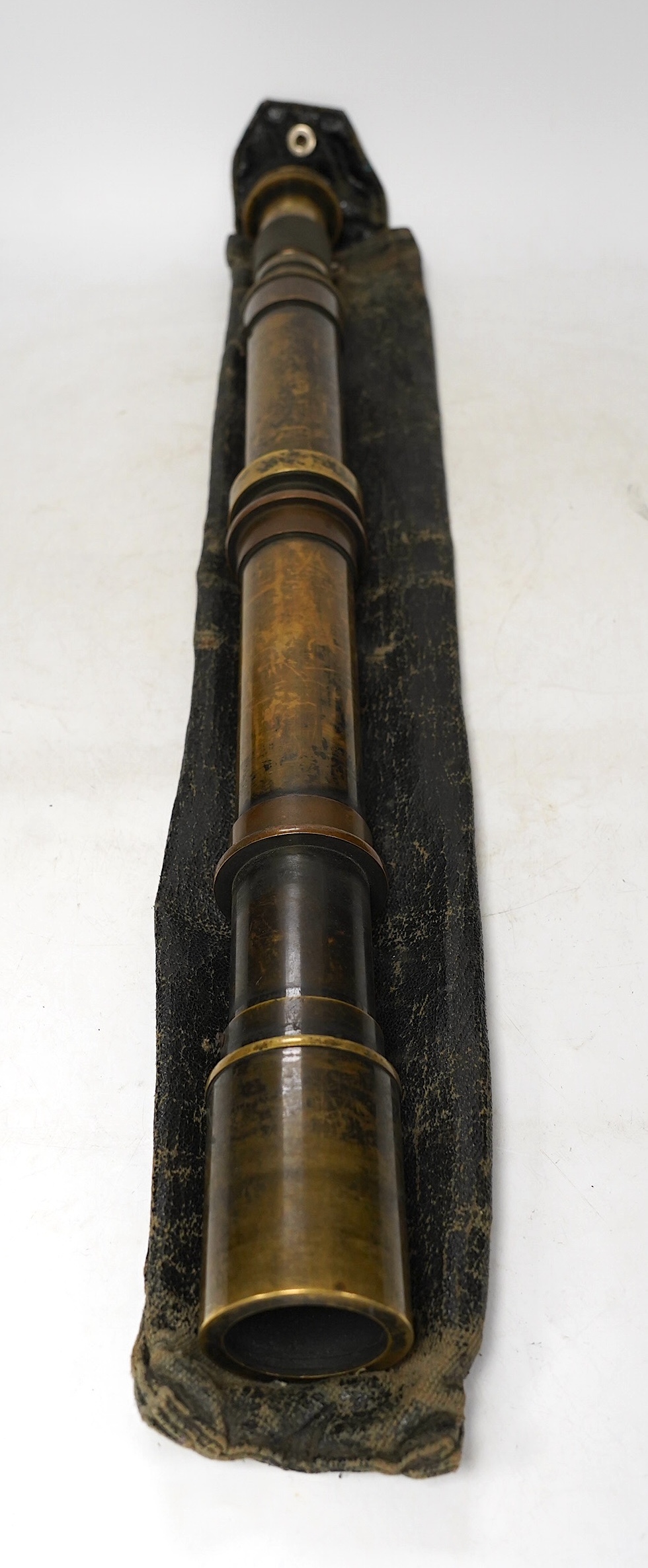 A First World War military brass gunners sight, stamped with board arrow and; ‘TEL. SIGHTING. No.5 (Mk.2) Ryland & Son Ltd. London 1917 No.722’, 54cm long, together with outer canvas case